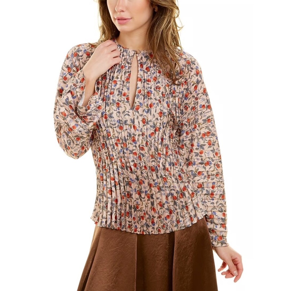 VINCE Pomegranate Pleated V Neck Blouse S top‎ floral pink satin long sleeve